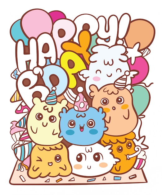 Download Kawaii monster birthday doodle | Premium Vector