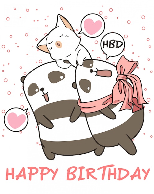 Premium Vector Kawaii Pandas And Cat Are Saying Happy Birthday