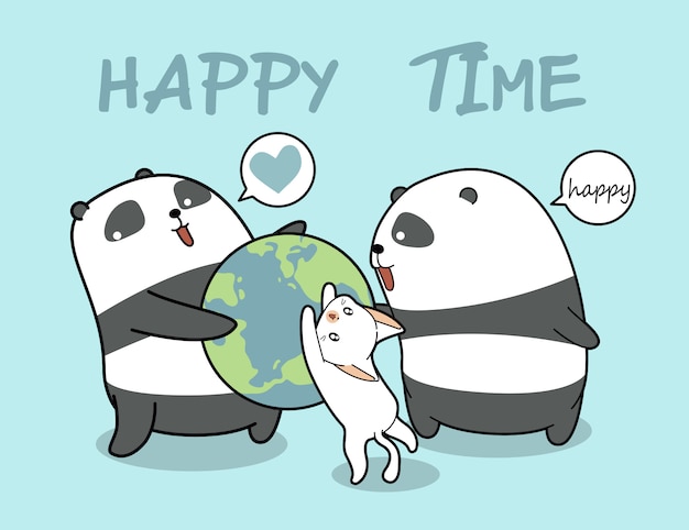 Premium Vector Kawaii Pandas And Cat Loves The World