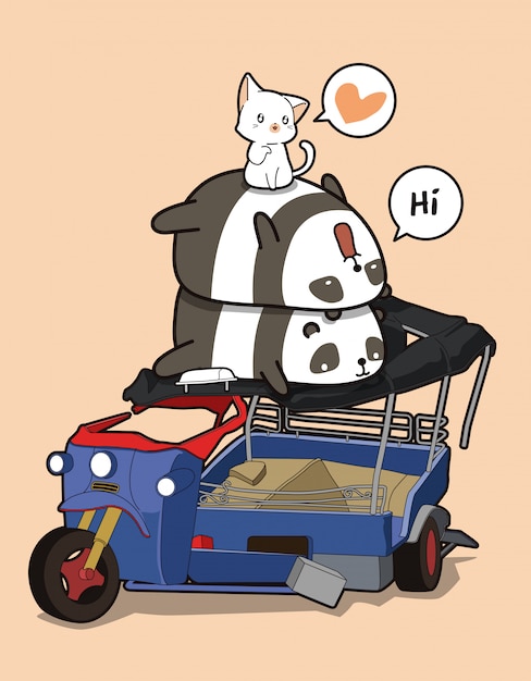Premium Vector | Kawaii pandas and cats with broken motor tricycle