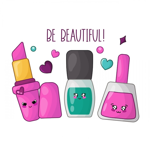 Kawaii pink lipstick, nail polishes Premium Vector
