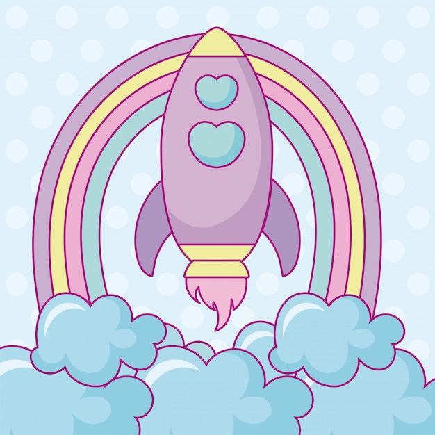 Premium Vector | Kawaii rocket with clouds and rainbow