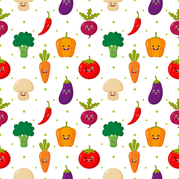 Kawaii seamless pattern cute funny cartoon vegetable characters isolated on white. Premium Vector