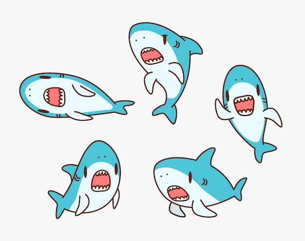 かわいいサメの漫画のキャラクターのイラスト プレミアムベクター