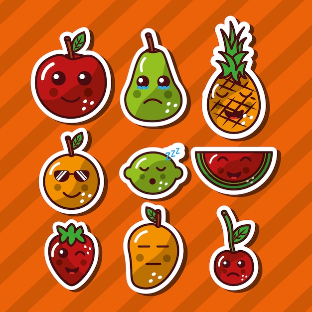  Kawaii  smiling fruits  adorable food cartoon Vector Free 