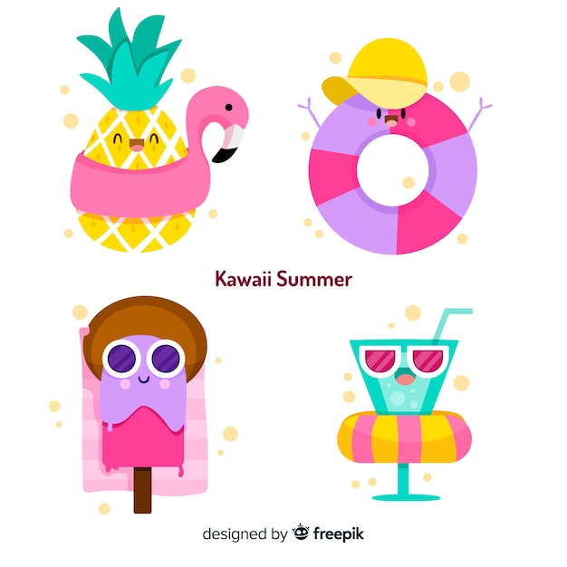 Kawaii summer character collection Free Vector