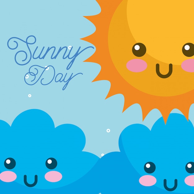 Premium Vector | Kawaii sunny day clouds weather