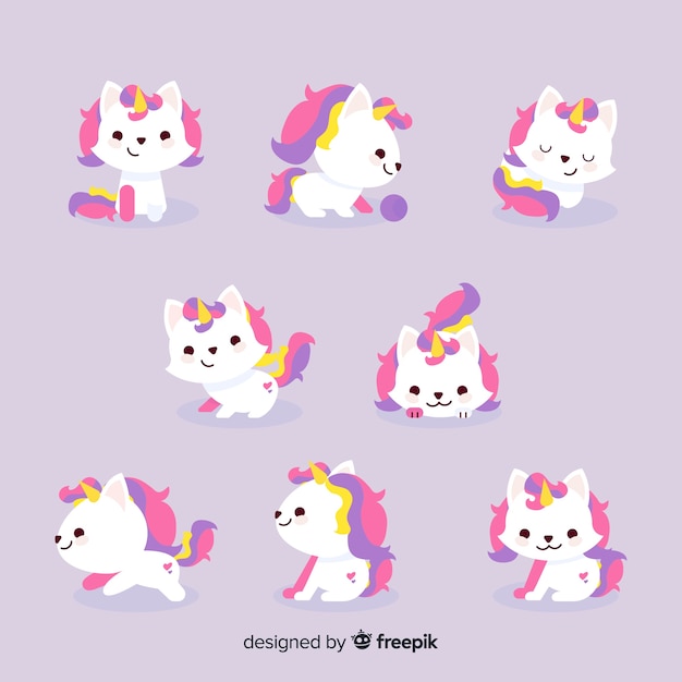 Kawaii unicorn character collection Free Vector