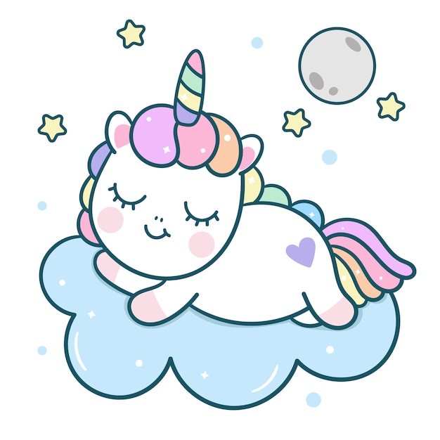 Kawaii unicorn vector character sleep with moon Premium Vector