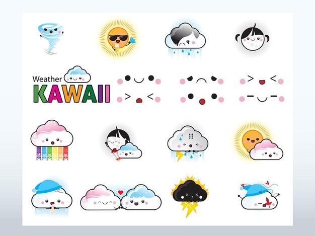 Kawaii weather cartoons vectors icons