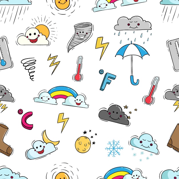 Download Kawaii weather elements in seamless pattern with doodle ...