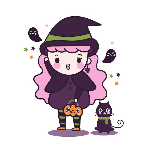 Kawaii witch girl holding pumpkin bucket with cat Vector | Premium Download