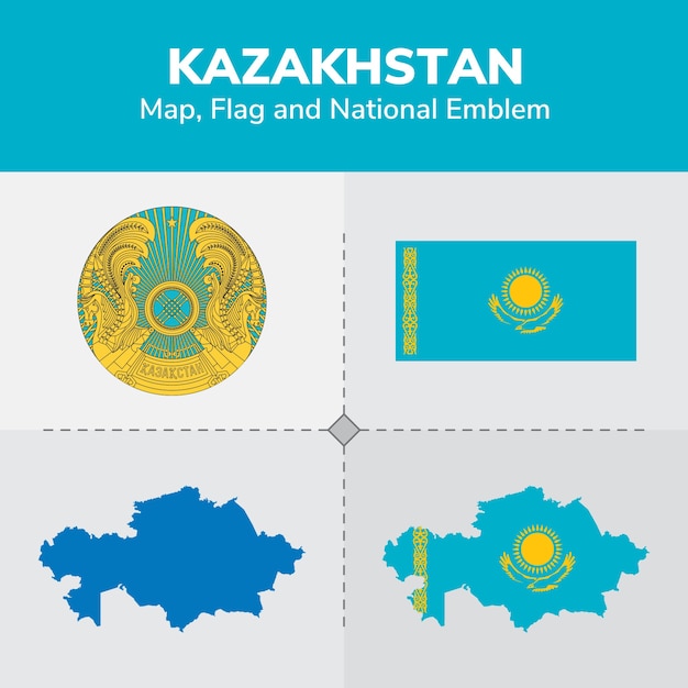 Download Kazakhstan map, flag and national emblem | Premium Vector