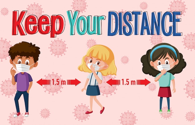 Premium Vector Keep Your Distance Or Social Distancing Sign With Children Cartoon Characters