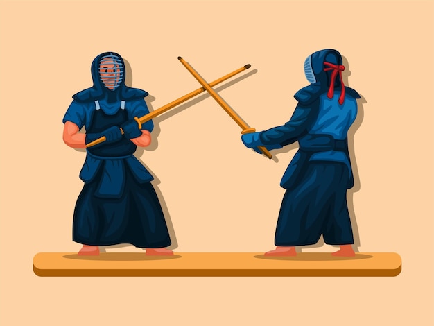 剣道日本の武道木製の剣の戦いスポーツイラスト漫画ベクトル プレミアムベクター