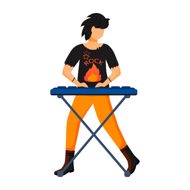 キーボード奏者のカラーイラスト キーボード奏者 音楽家 音楽バンドのメンバー ロックンロール パンク 楽器を持つ男 コンサート ギグ 白の孤立した漫画のキャラクター プレミアムベクター