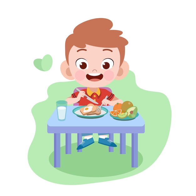 子供男の子イラストを食べる プレミアムベクター