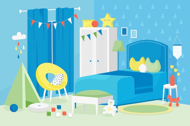 子供男の子部屋インテリアイラスト 漫画フラットモダンな空の青い子供のベッドルームの家のアパートのベッド ウィンドウ 子供 のゲームとコスモスの家具の装飾デザインの背景のためのおもちゃ プレミアムベクター
