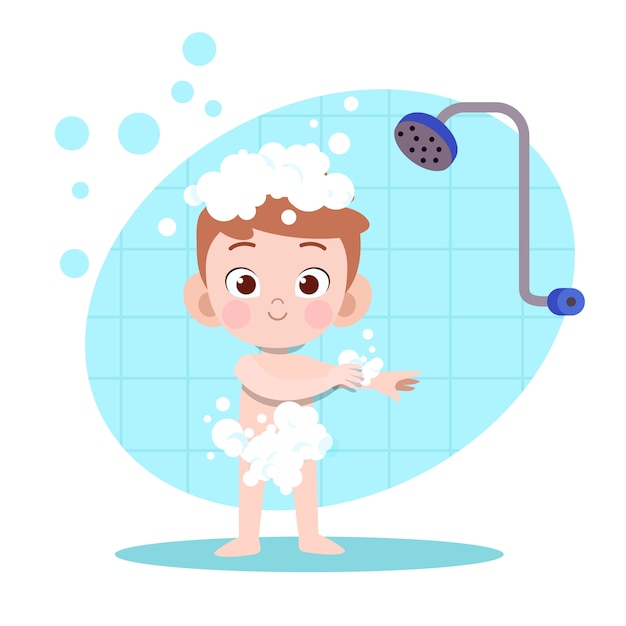 子供男の子シャワー風呂イラスト プレミアムベクター