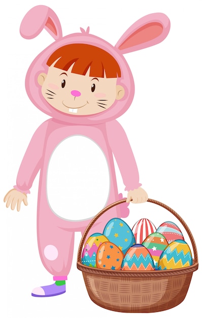 Download Kid in bunny costume and easter eggs in basket | Free Vector
