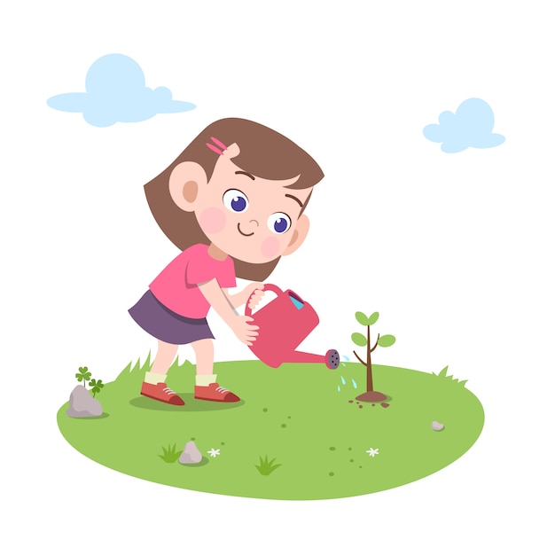 Kid girl planting tree illustration | Premium Vector