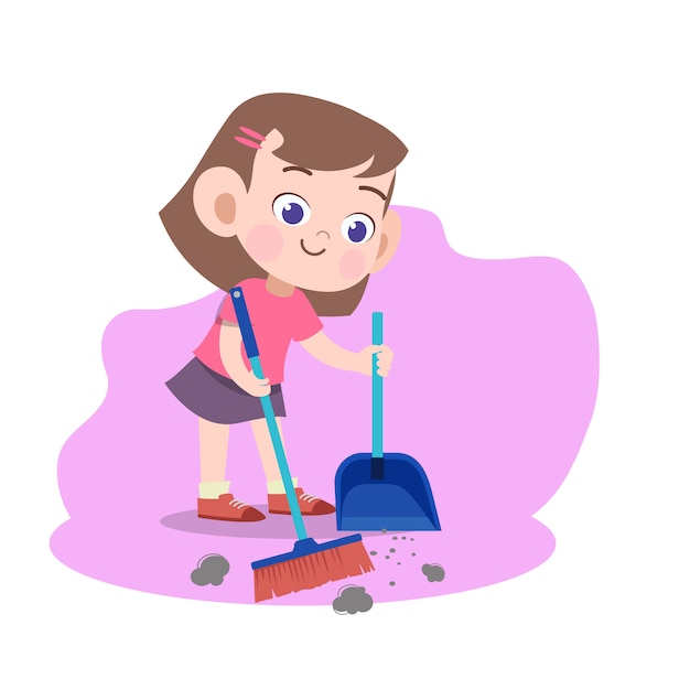 Kid Girl Sweeping Broom Illustration Premium Vector