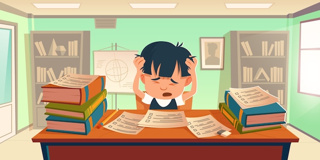 Kid got stress doing homework or prepare for exam Free Vector