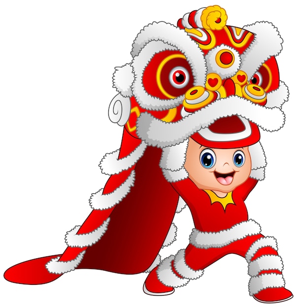 Premium Vector | Kid playing chinese dragon dance