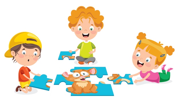  Kid playing colorful jigsaw puzzle Premium Vector