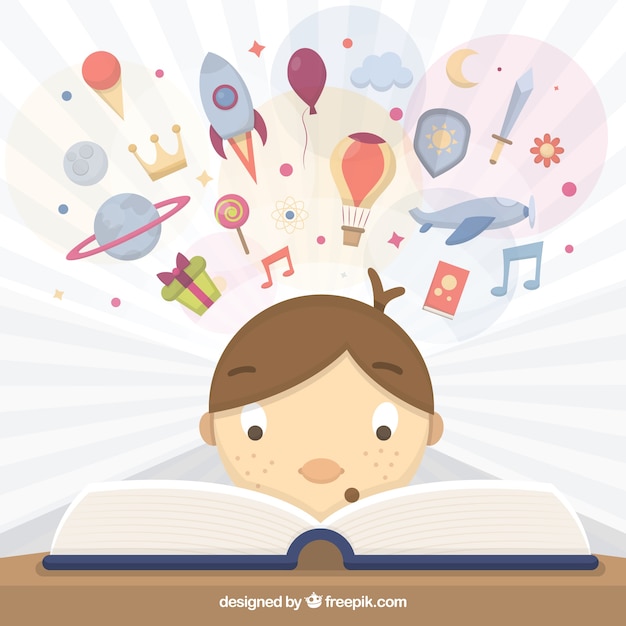 Kid reading a book illustration Vector | Free Download