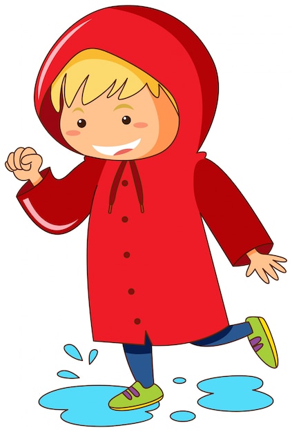 Kid In Red Raincoat Jumping In Puddles Free Vector