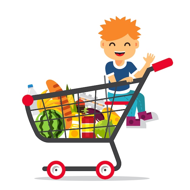 Kid sitting in a supermarket shopping cart Vector | Free Download