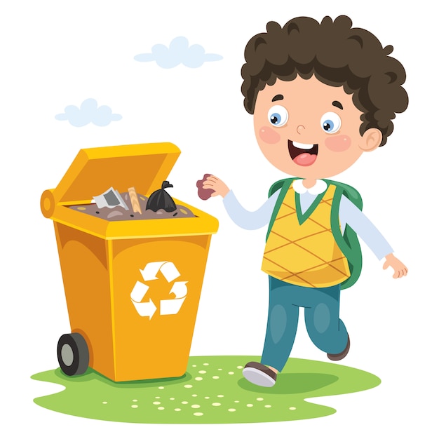 Kid throwing garbage in trash bin | Premium Vector