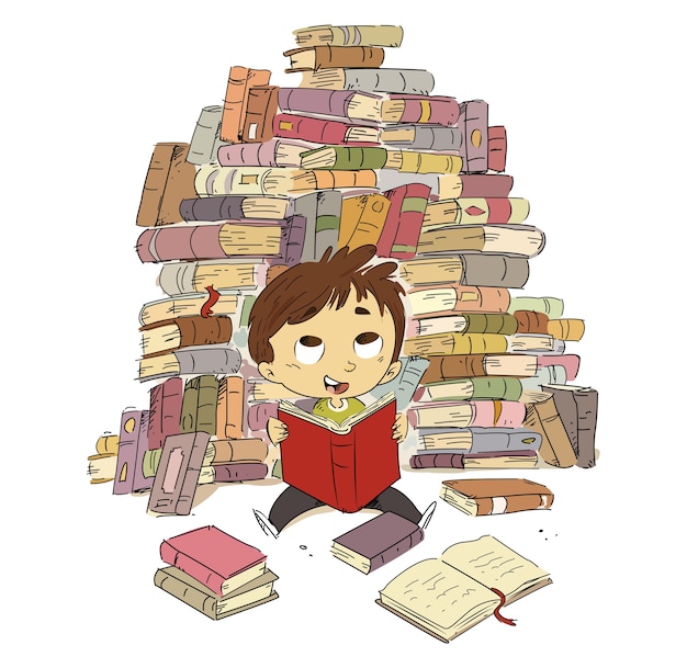 Premium Vector | Kid with books. mountain of books