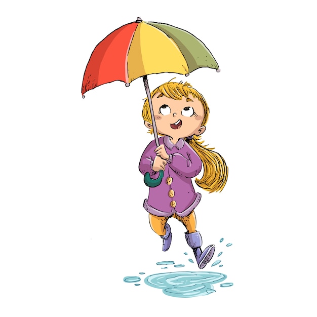 傘とレインコートのイラストの子供 プレミアムベクター