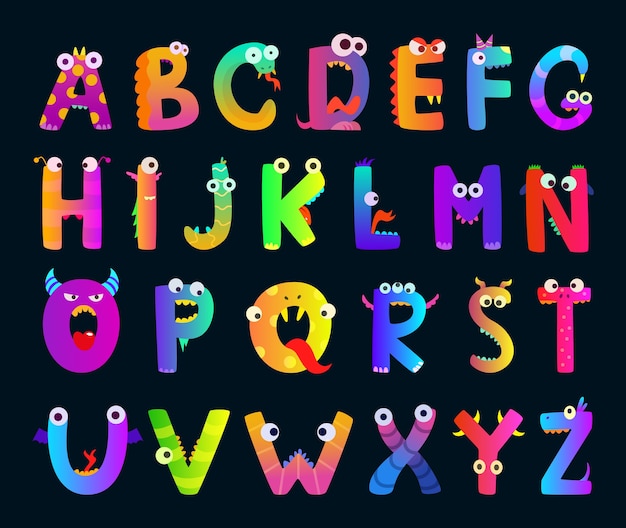 面白いモンスターの文字で子供のアルファベット かわいいキャラクター アルファベットのキャラクターモンスター 面白い漫画の手紙abcイラスト プレミアムベクター