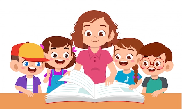 Kids boy and girl study with teacher | Premium Vector