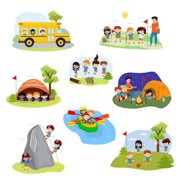 キッズキャンプベクトル子供キャンピングカーキャラクターとキャンプファイヤーの近くのテントで遊ぶ子供の夏休みイラストセットのキャンプ活動 プレミアムベクター