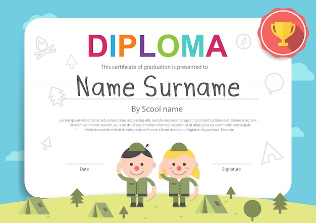 kids-camping-certificate-diploma-template-premium-vector