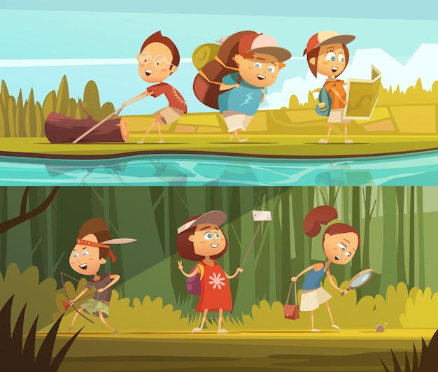 Download Free Vector | Kids camping horizontal cartoon banners set ...