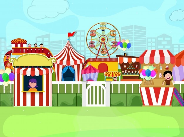 Kids Carnival Illustration with Tent,Spinning Wheels, and Fun Stalls