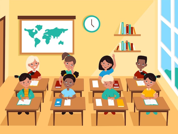 Premium Vector | Kids in classroom. multicultural pupils boys and girls ...
