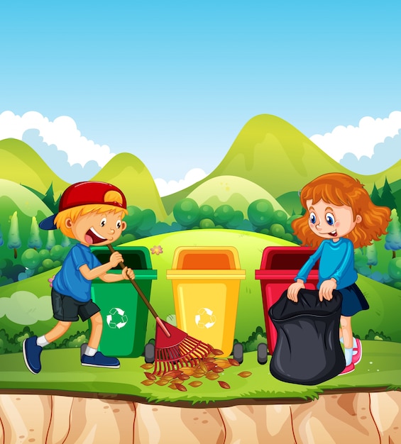 Premium Vector | Kids cleaning leaf in the park