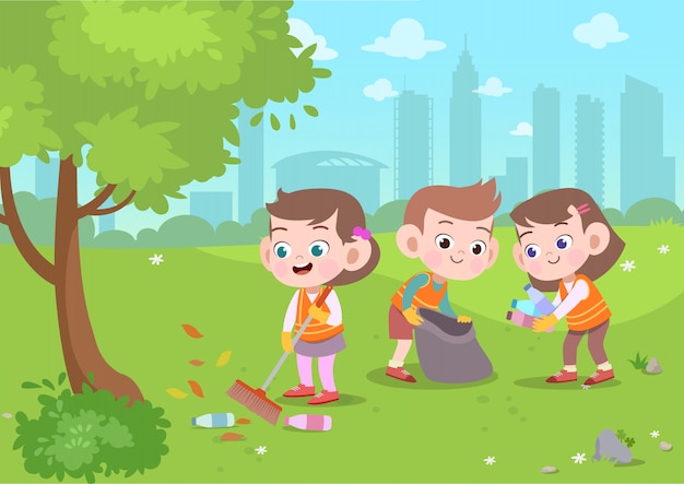 Kids Cleaning Park Vector Illustration Premium Vector