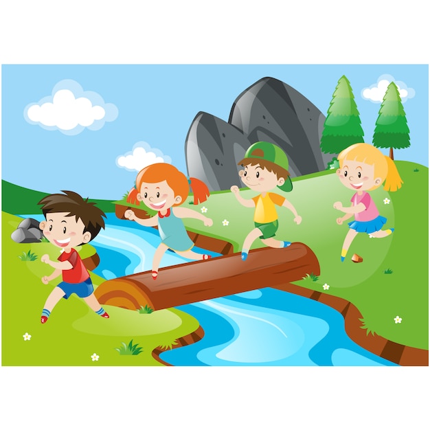 Kids crossing a river Vector Free Download