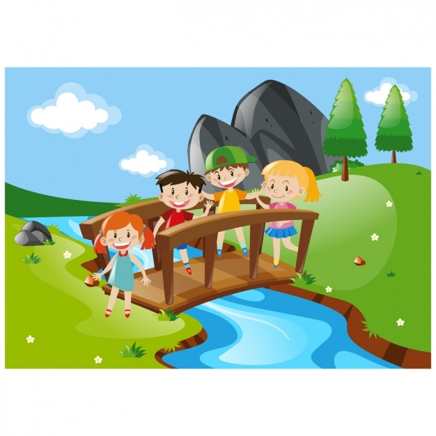 Free Vector | Kids crossing a bridge background