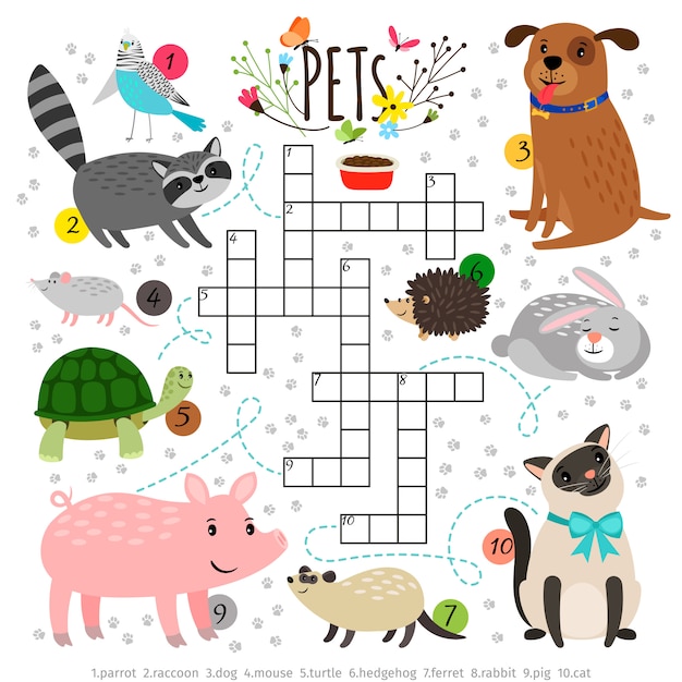 Kids crosswords with pets. children crossing word search puzzle with