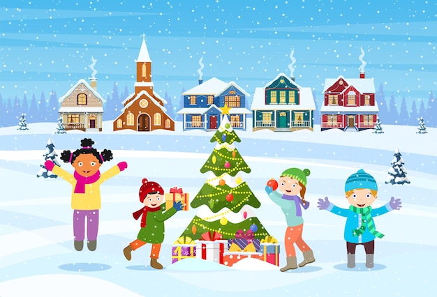 Premium Vector | Kids decorating a christmas tree