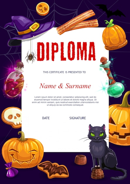 Premium Vector | Kids diploma with halloween characters