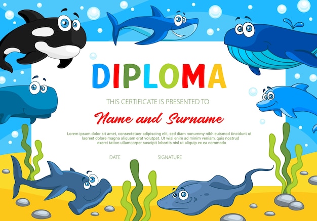 Premium Vector Kids Diploma With Sea Animals School Education Or Kindergarten Certificate Template Award Border With Killer Whale Shark And Hammerhead Shark Slope And Dolphin Education Diploma